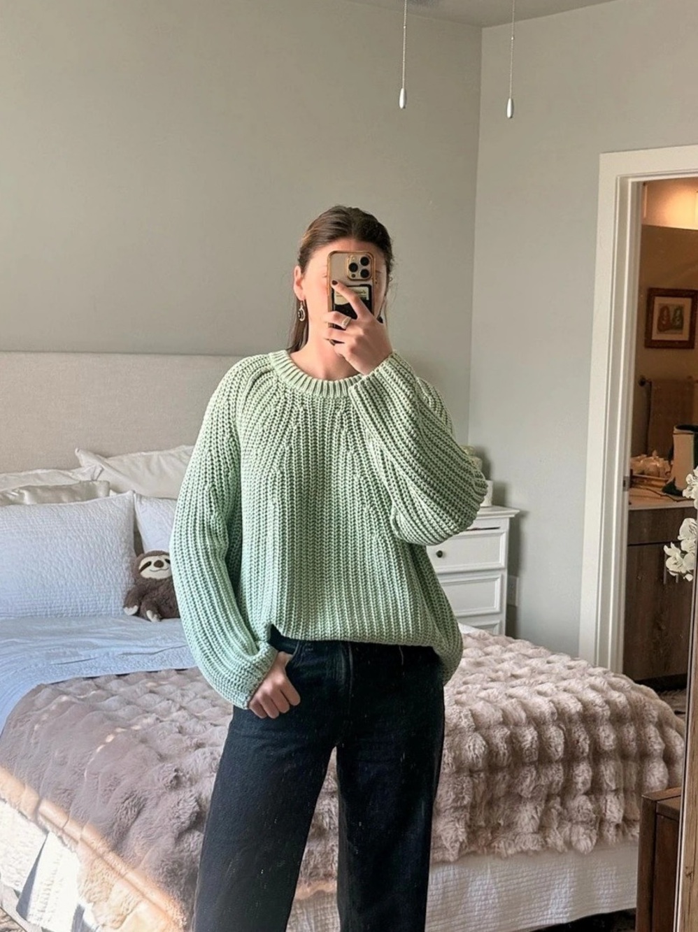 Free People Chunky Cable Knit Ribbed Sweater in Green Size Small NWT